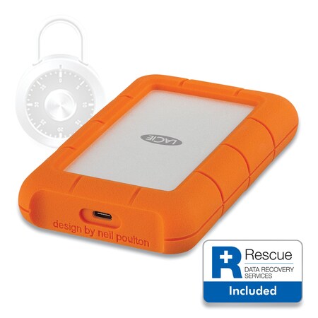 Lacie Rugged Secure External Hard Drive, 2 TB, Thunderbolt 3/USB-C/USB 3.0, Orange/Silver STFR2000403